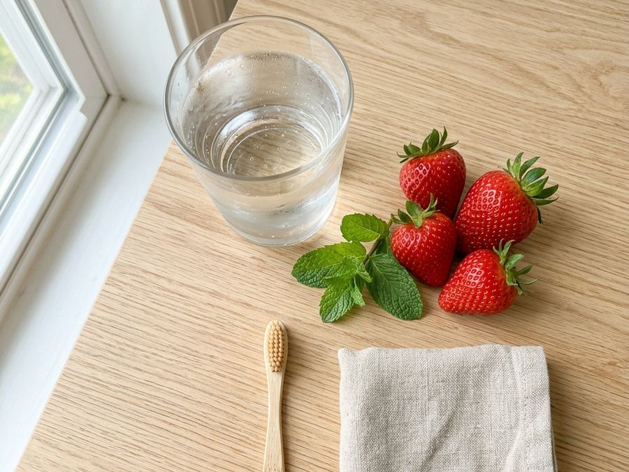 Fresh strawberries, peppermint leaves, a glass of water and a bamboo toothbrush