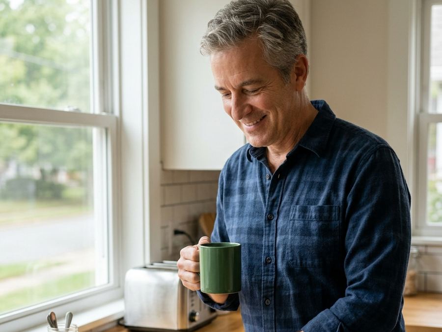 Man reading on a tablet with a cup of coffee in a sunny kitchen