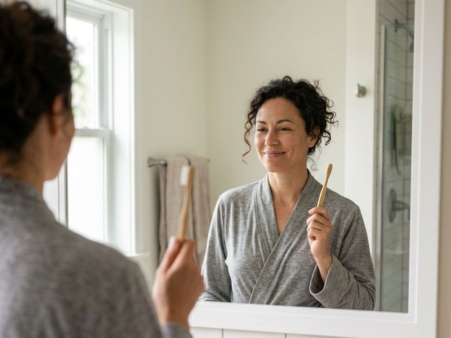 Woman smiling at her reflection with a toothbrush during her morning routine